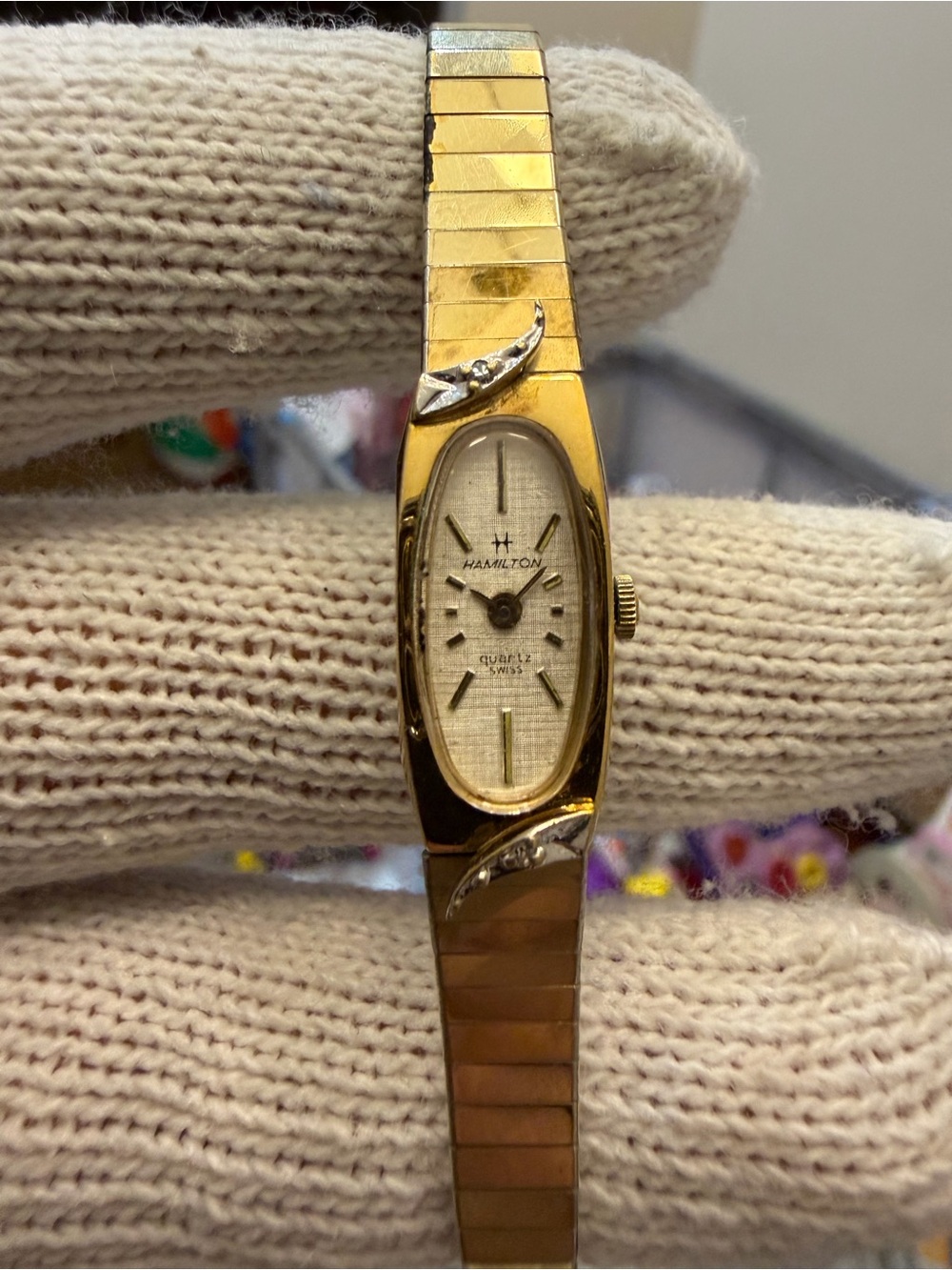 Vintage Hamilton 8396 Women's Watch 10K RGP Swiss Quartz Diamond Accent Oval